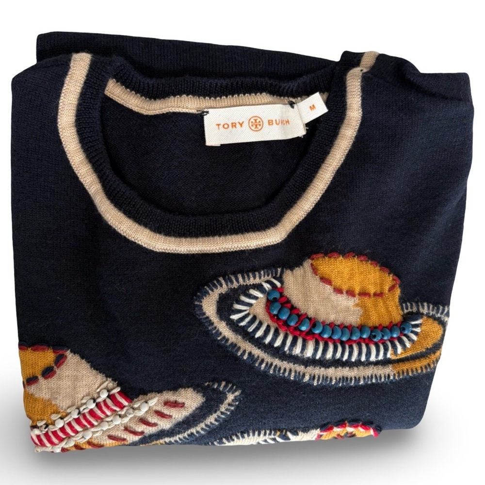 Tory Burch 100% Merino Wool Navy Hand Embroidered Beaded Sunhat Print Sweater M - Picture 4 of 15